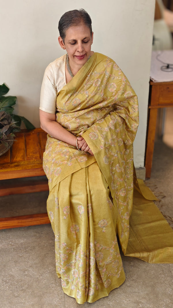 H149 - Lime Green embroidered tussar silk saree