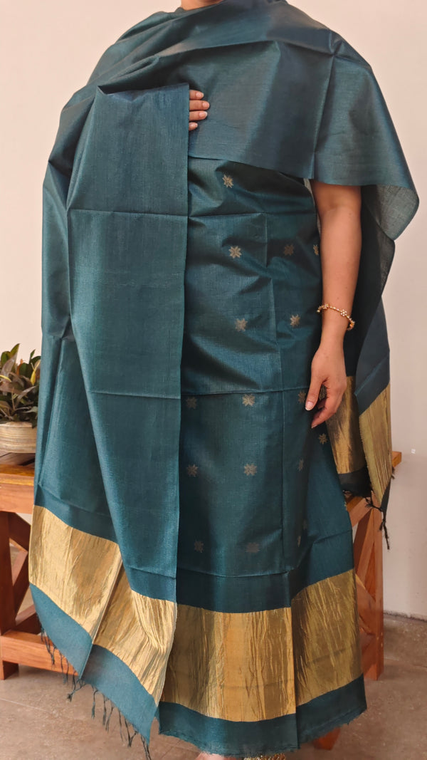 Bottle green tussar silk suit with zari patta - EN08