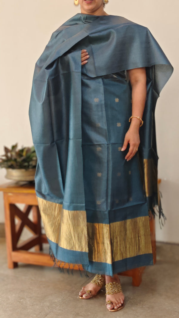 Bluish grey tussar silk suit with zari patta - EN08