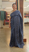 Dark blue embroidered checked silk saree - T201