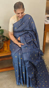 Dark blue embroidered checked silk saree - T201