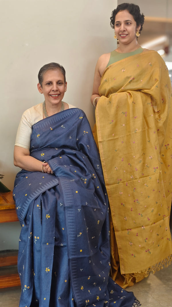 Dark blue embroidered checked silk saree - T201