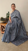 Grey embroidered tussar silk saree