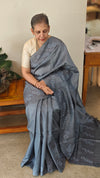 Grey embroidered tussar silk saree