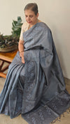 Grey embroidered tussar silk saree
