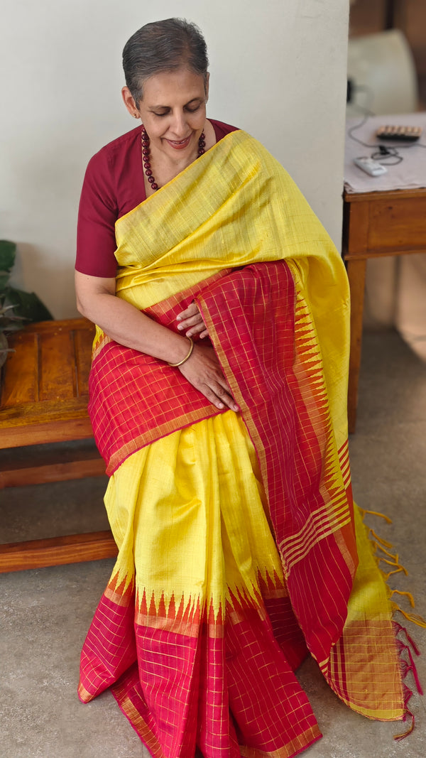 Yellow and red raw silk saree