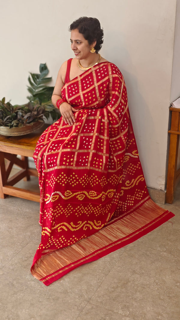 Red Gajji silk bandini saree