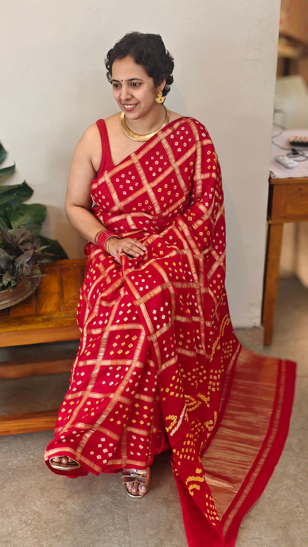 Red Gajji silk bandini saree
