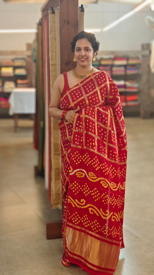 Red Gajji silk bandini saree