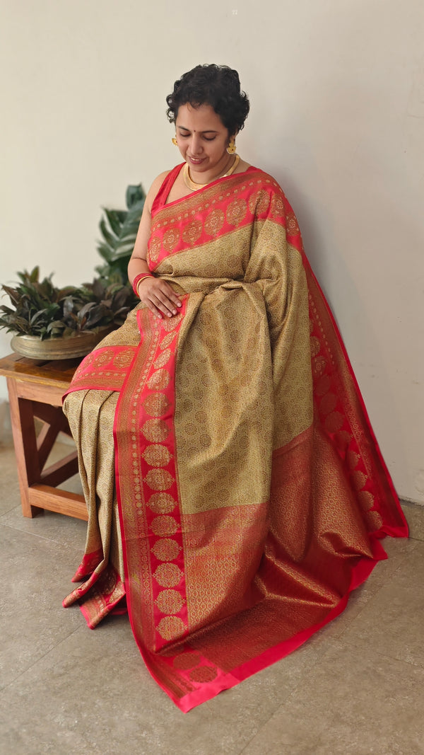 Beige and red banarasi silk saree