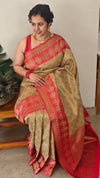 Beige and red banarasi silk saree