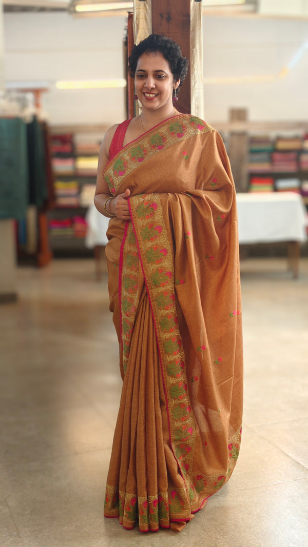 Copper brown semi katan silk saree