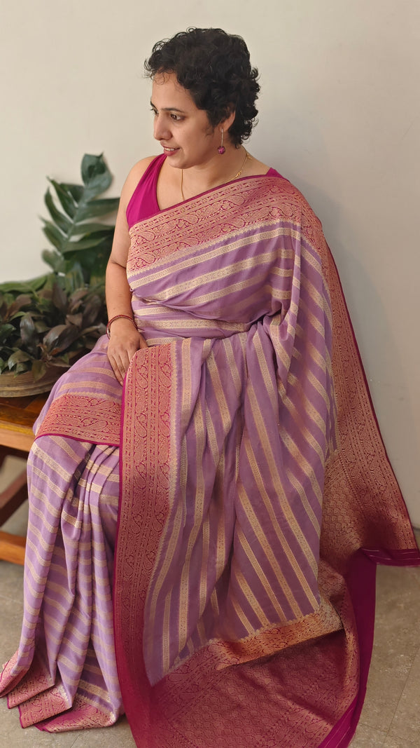 Lavender and pink georgette banarasi silk saree