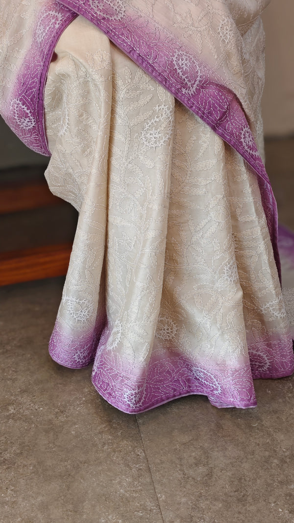 Off white and lavender tussar silk saree