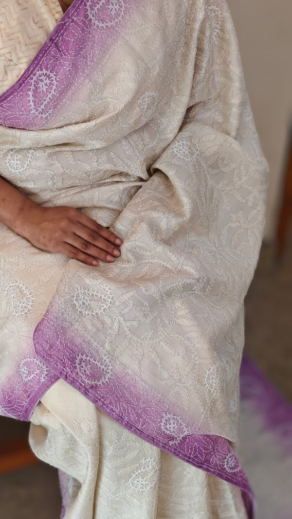 Off white and lavender tussar silk saree