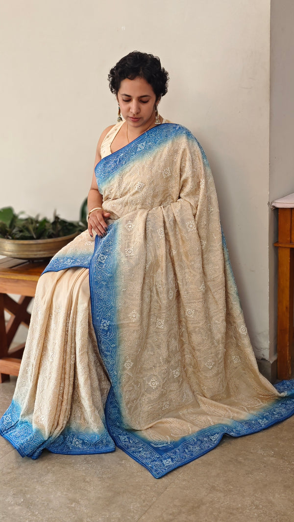 Off white and blue desi tussar silk saree