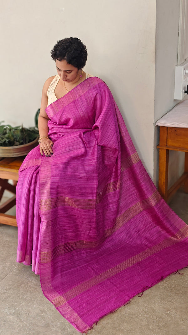 Bright pink jute silk saree