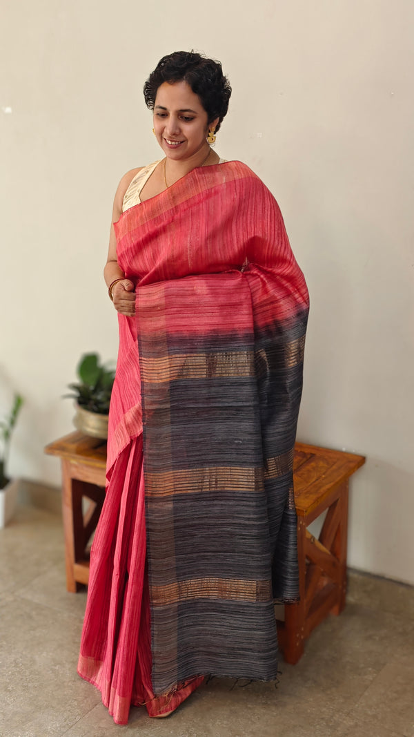 Dark peach and grey jute silk saree