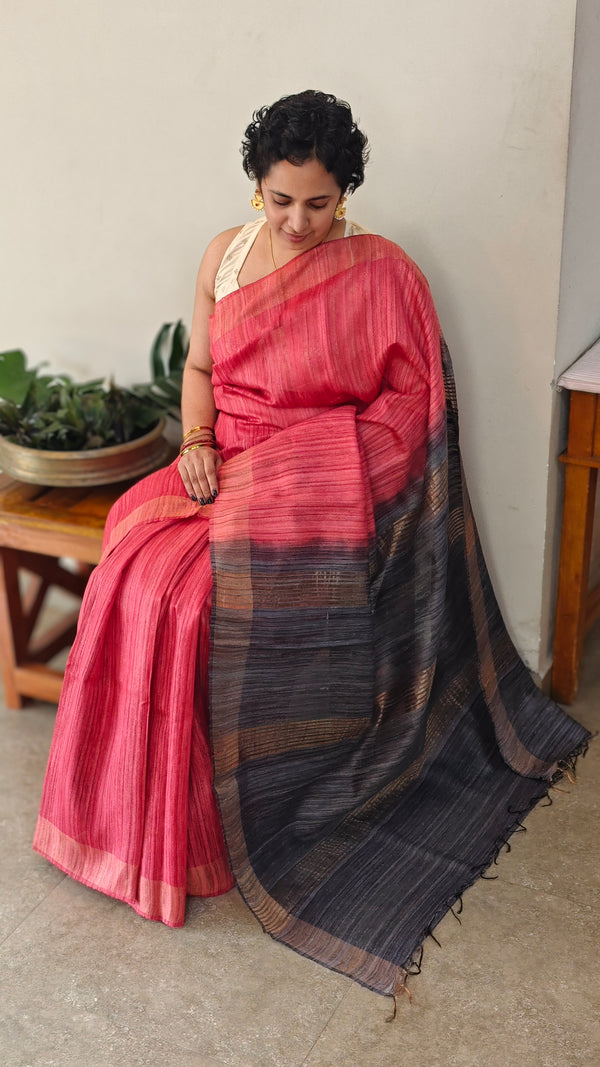 Dark peach and grey jute silk saree