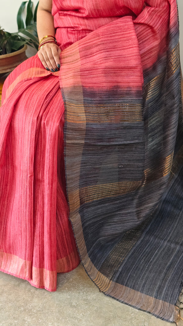 Dark peach and grey jute silk saree