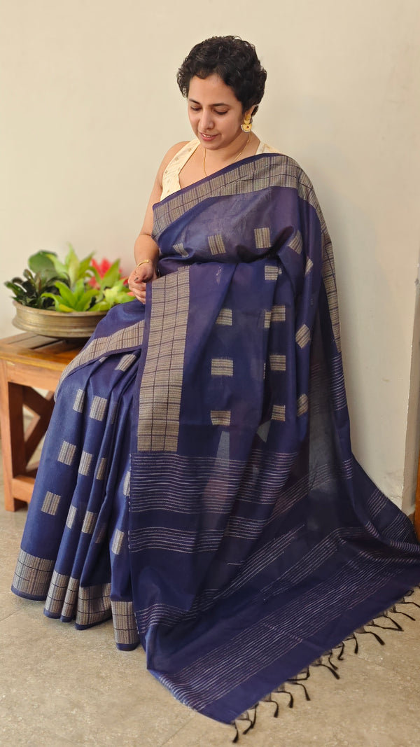 Royal blue woven bamboo tussar silk saree