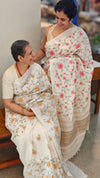Pink floral cross stitch embroidery on off white tussar silk saree - CST24