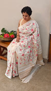 Pink floral cross stitch embroidery on off white tussar silk saree - CST24