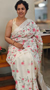 Pink floral cross stitch embroidery on off white tussar silk saree - CST24