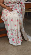 Pink floral cross stitch embroidery on off white tussar silk saree - CST24