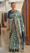 Floral printed green silk saree