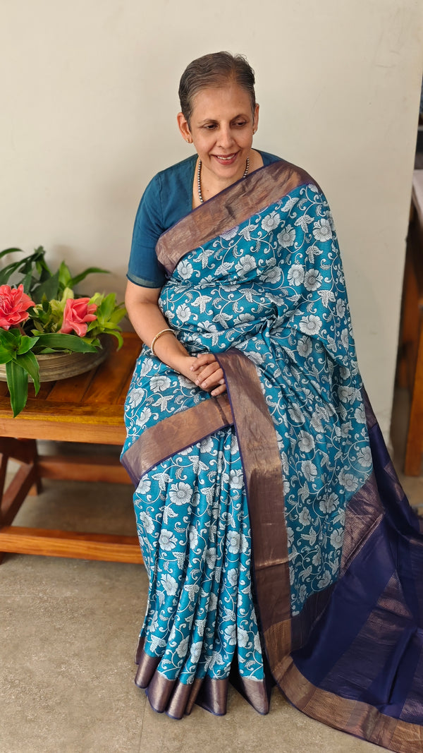 Floral printed blue silk saree
