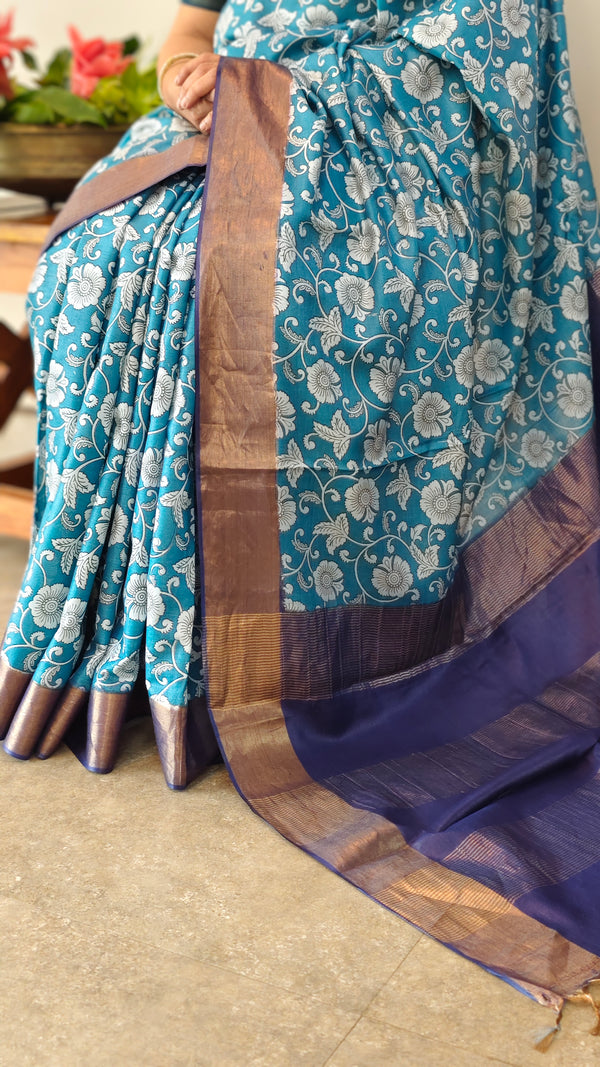 Floral printed blue silk saree