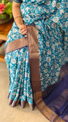 Floral printed blue silk saree