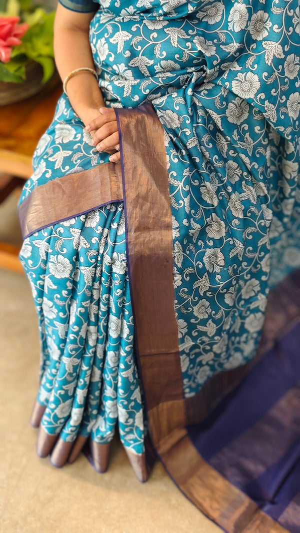 Floral printed blue silk saree