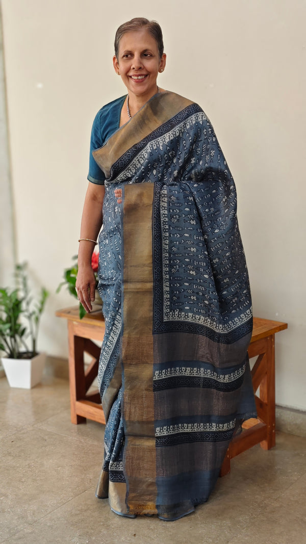 Indigo block printed tussar silk saree