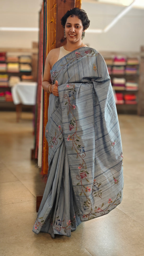 Blue semi tussar silk saree with hand embroidery