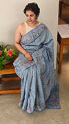 Blue semi tussar silk saree with hand embroidery