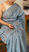 Blue semi tussar silk saree with hand embroidery