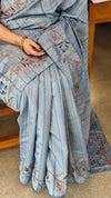 Blue semi tussar silk saree with hand embroidery