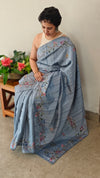 Blue semi tussar silk saree with hand embroidery