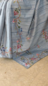 Blue semi tussar silk saree with hand embroidery
