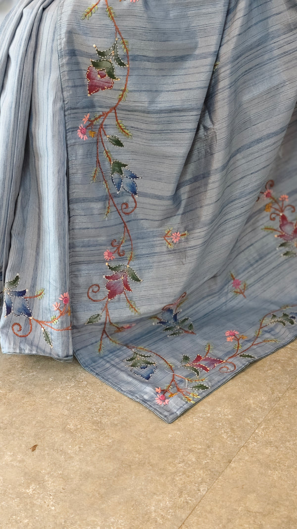 Blue semi tussar silk saree with hand embroidery