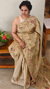 Beige semi tussar silk saree with hand embroidery