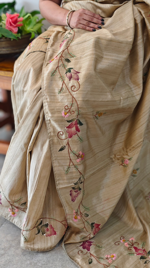 Beige semi tussar silk saree with hand embroidery