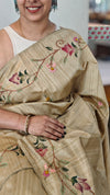 Beige semi tussar silk saree with hand embroidery