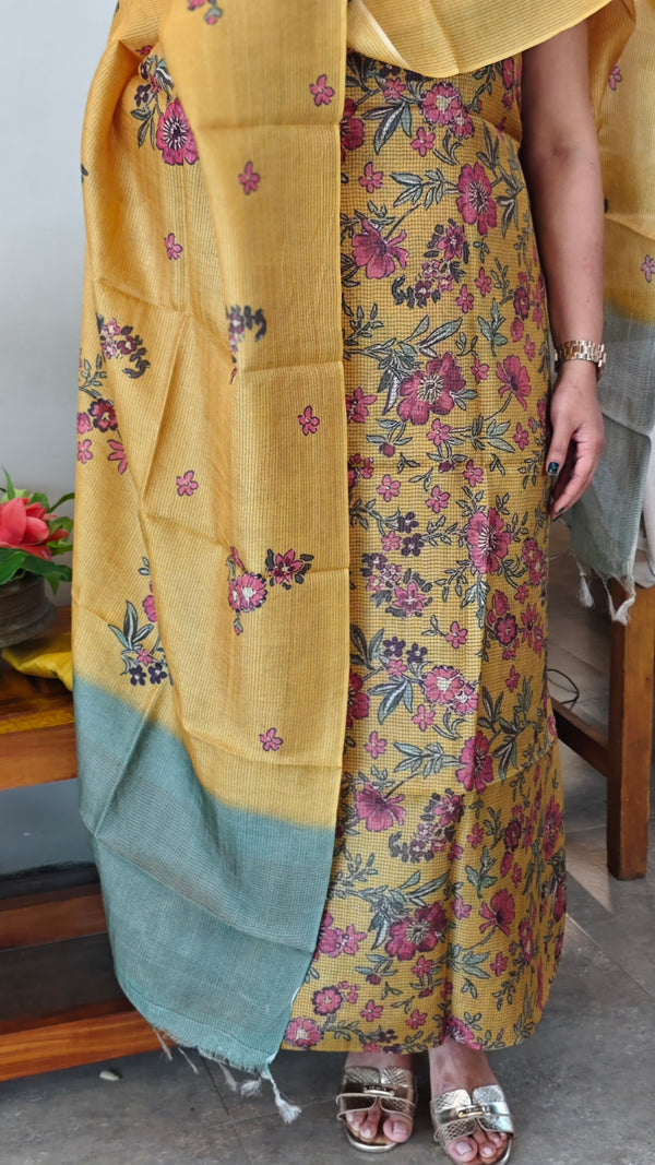 Mustard floral printed checked tussar silk suit - RD897