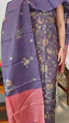 Purple floral printed checked tussar silk suit - RD897