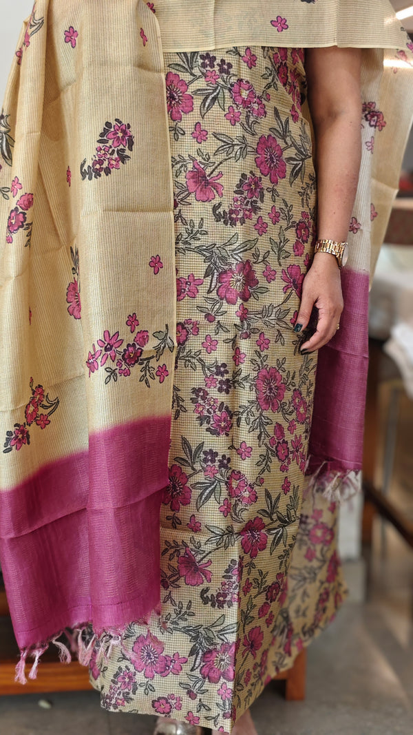 Light yellow floral printed check tussar silk suit - RD897