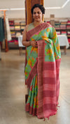 Green floral printed tussar silk saree