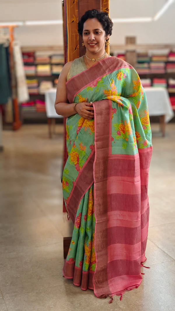 Green floral printed tussar silk saree